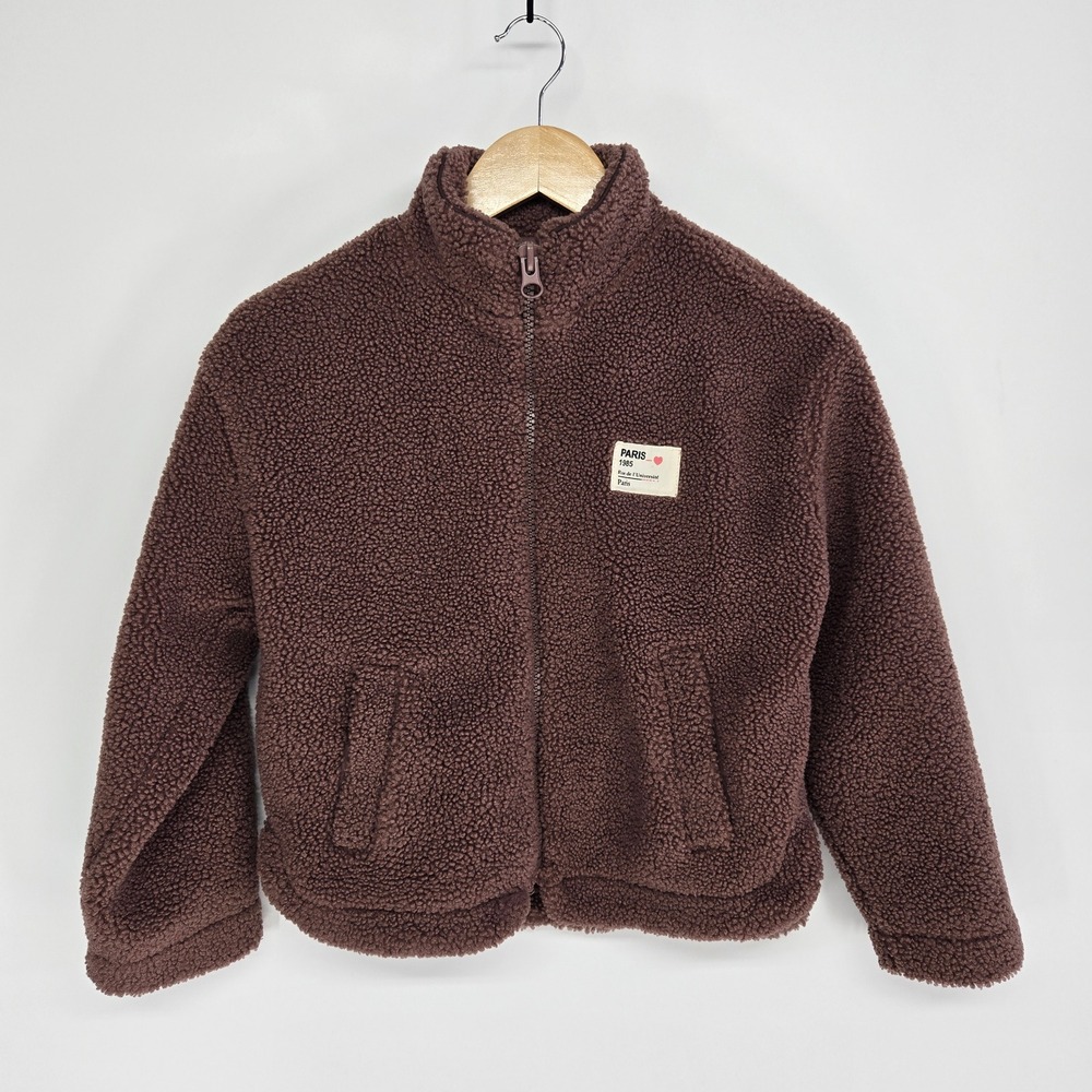 Zara Fleece Jacket Kids 9-10 Brown Burgundy Sherpa Zip Up Paris Teddy Coat Cozy